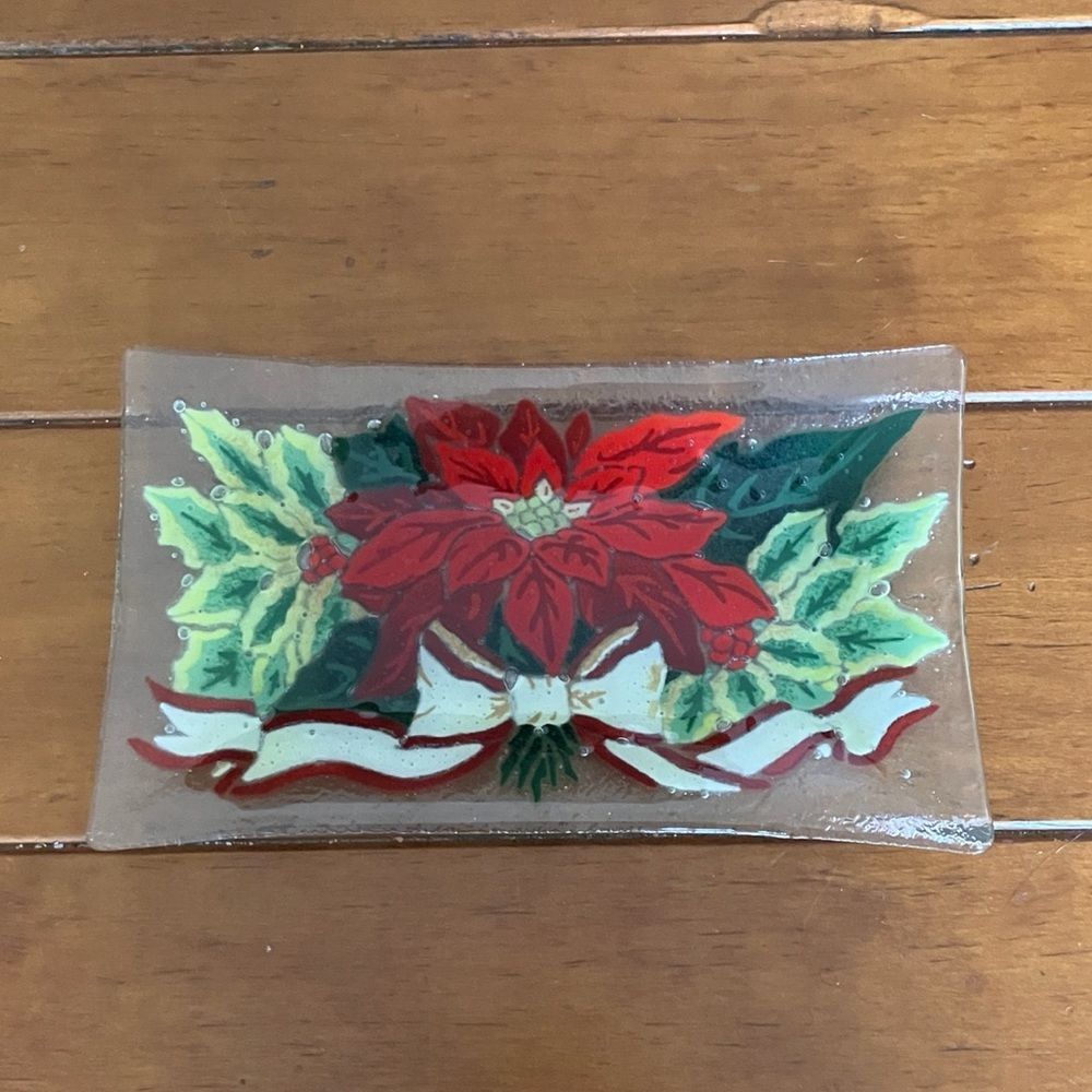 Rectangular Peggy Karr Fused Glass Poinsettia Tray Decor
